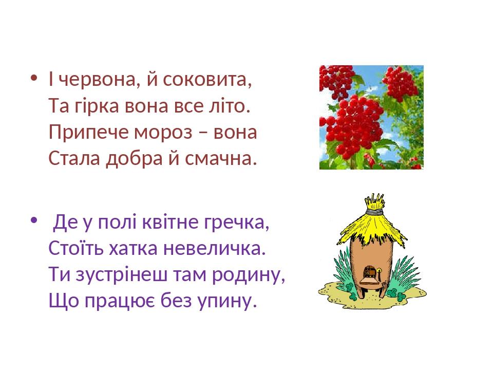 І червона, й соковита, Та гірка вона все літо. Припече мороз – вона Стала добра й смачна. Де у полі квітне гречка, Стоїть хатка невеличка. Ти зустр...