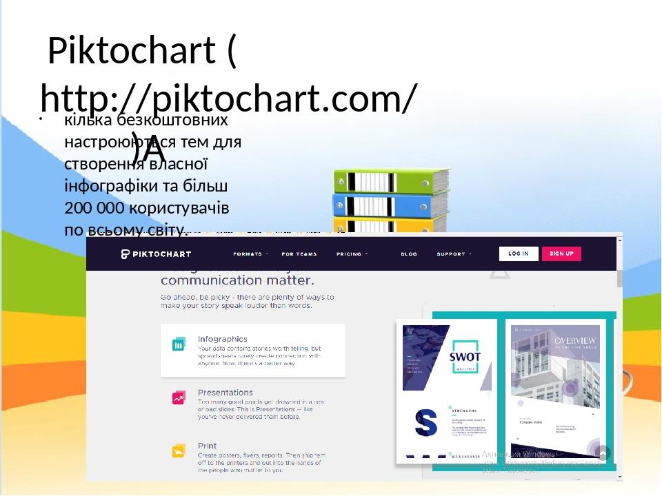 Piktochart (http://piktochart.com/)  кілька безкоштовних настроюються тем для створення власної інфографіки та більш 200 000 користувачів по всьому...