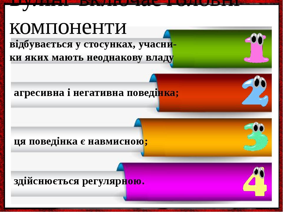 Булінг включає головні компоненти агресивна і негативна поведінка; здійснюється регулярною. відбувається у стосунках, учасни- ки яких мають неоднак...