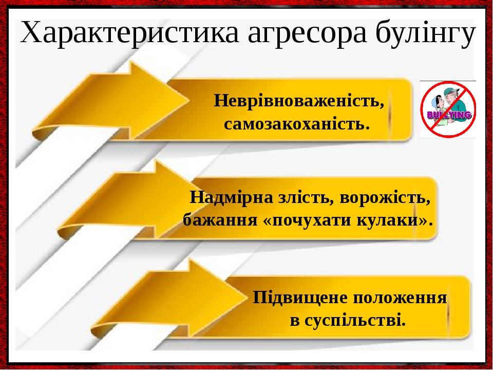 Неврівноваженість, самозакоханість. Характеристика агресора булінгу Надмірна злість, ворожість, бажання «почухати кулаки». Підвищене положення в су...