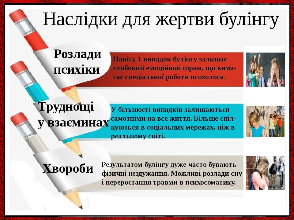 Наслідки для жертви булінгу Навіть 1 випадок булінгу залишає глибокий емоційний шрам, що вима-гає спеціальної роботи психолога. Розлади психіки У б...