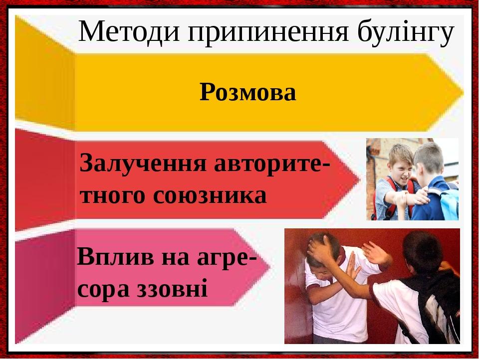 Методи припинення булінгу Розмова Вплив на агре- сора ззовні Залучення авторите-тного союзника