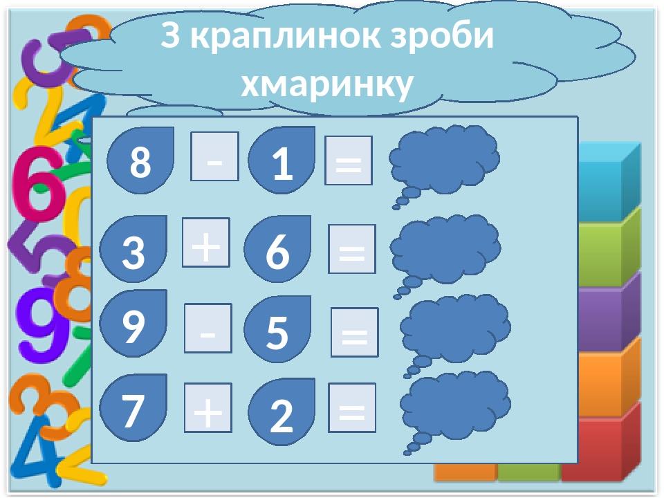 З краплинок зроби хмаринку 8 1 3 6 2 5 7 9 = + - + - = = =