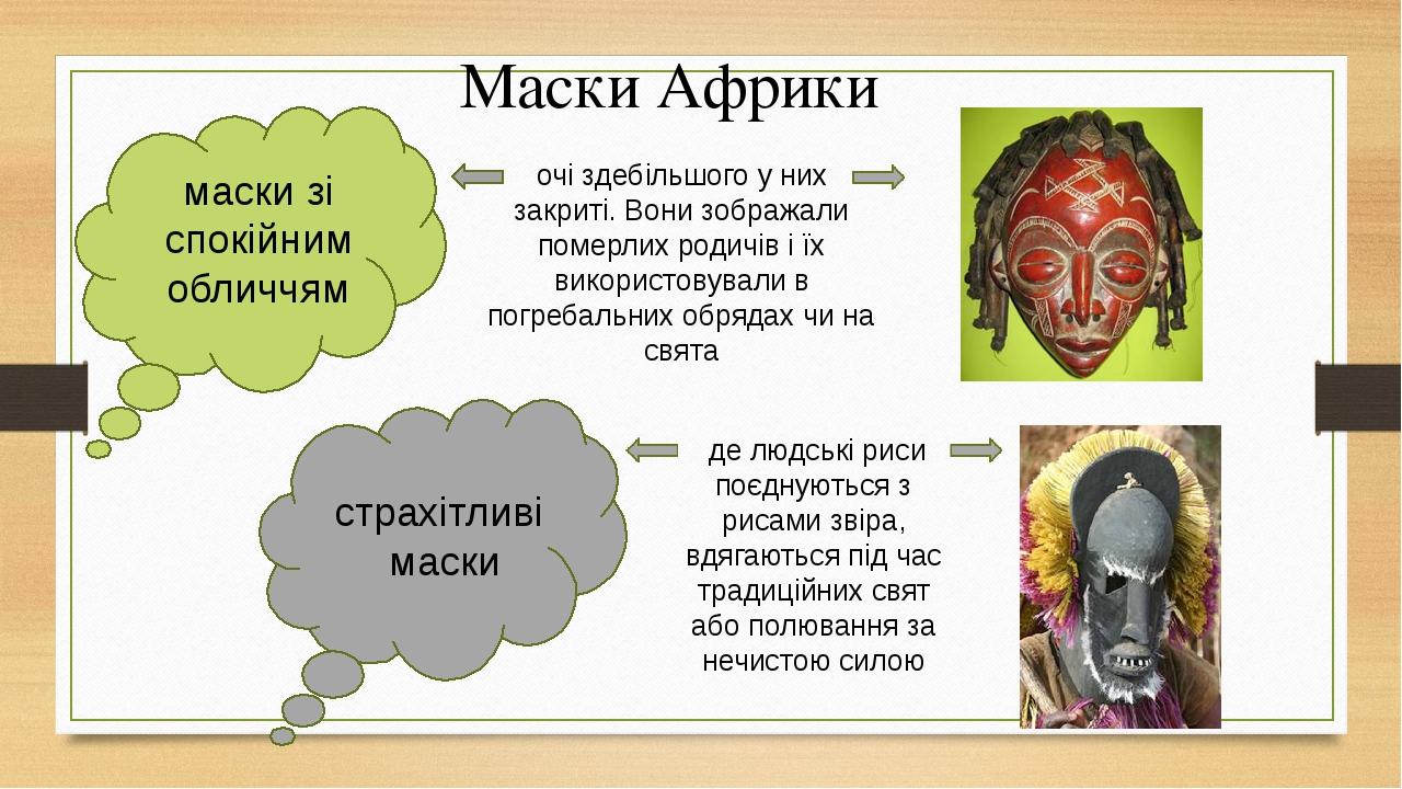 Маски Африки маски зі спокійним обличчям страхітливі маски очі здебільшого у них закриті. Вони зображали померлих родичів і їх використовували в по...