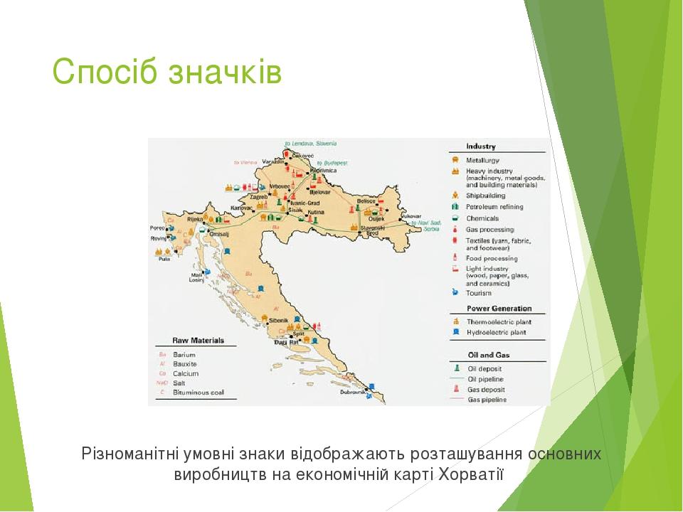 Спосіб значків Різноманітні умовні знаки відображають розташування основних виробництв на економічній карті Хорватії 
