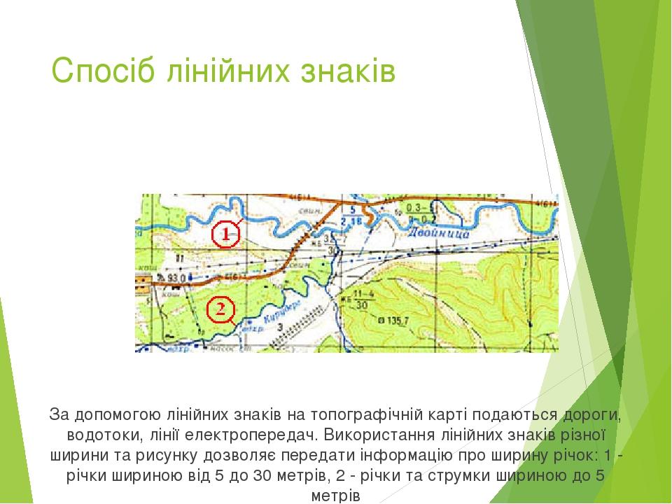 Спосіб лінійних знаків За допомогою лінійних знаків на топографічній карті подаються дороги, водотоки, лінії електропередач. Використання лінійних ...
