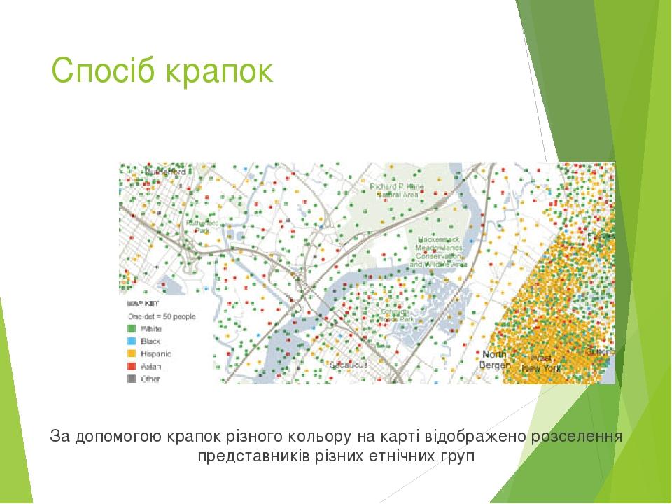 Спосіб крапок За допомогою крапок різного кольору на карті відображено розселення представників різних етнічних груп