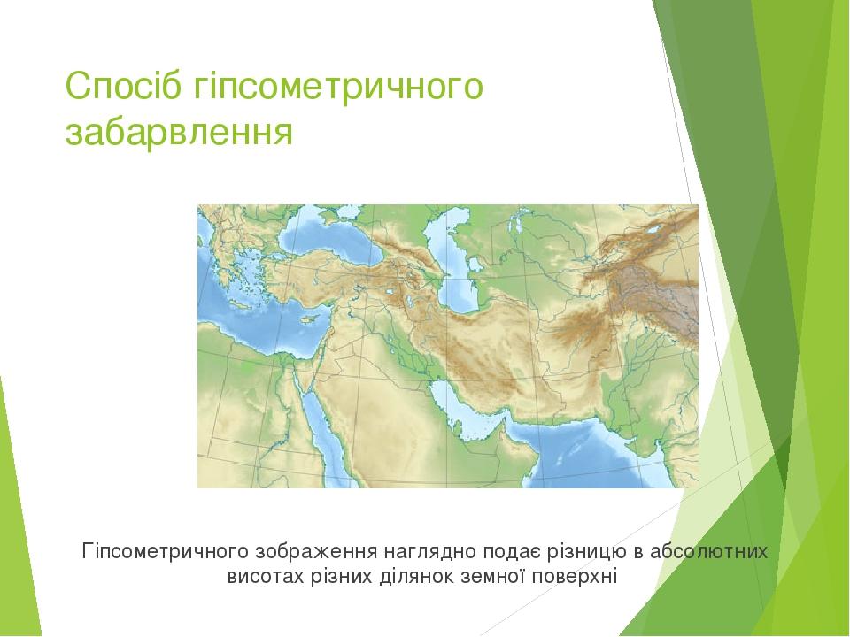 Спосіб гіпсометричного забарвлення Гіпсометричного зображення наглядно подає різницю в абсолютних висотах різних ділянок земної поверхні 