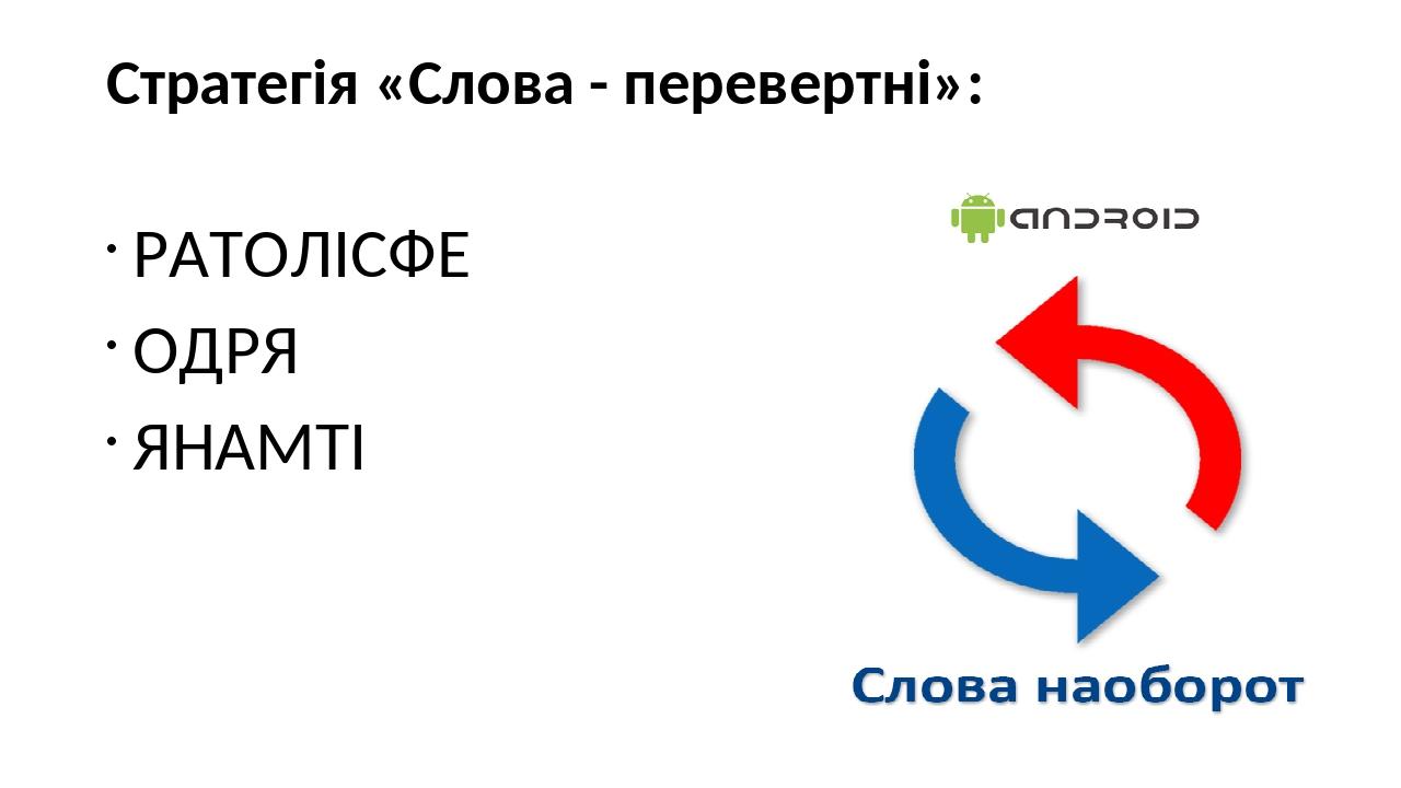 Стратегія «Слова - перевертні»: РАТОЛІСФЕ ОДРЯ ЯНАМТІ
