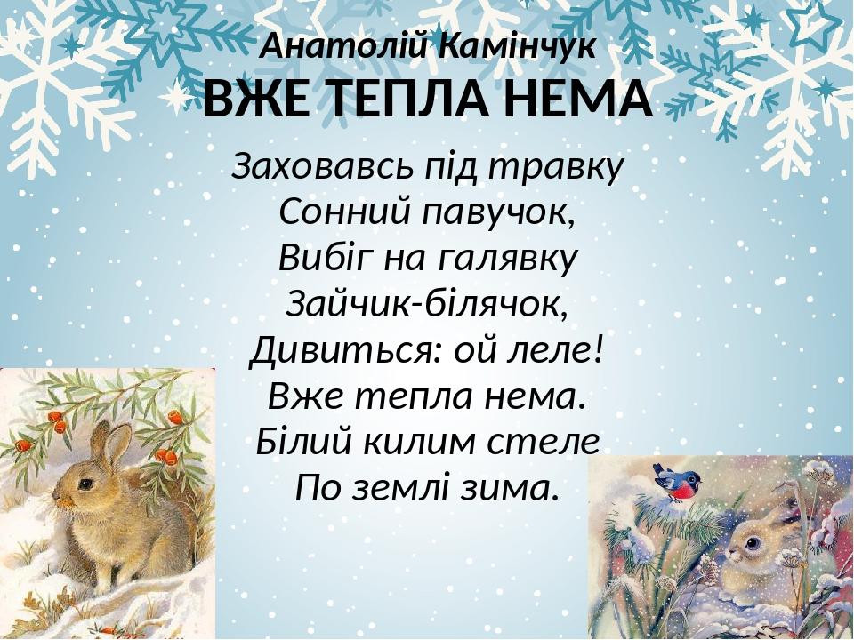 Анатолій Камінчук ВЖЕ ТЕПЛА НЕМА Заховавсь під травку Сонний павучок, Вибіг на галявку Зайчик-білячок, Дивиться: ой леле! Вже тепла нема. Білий кил...