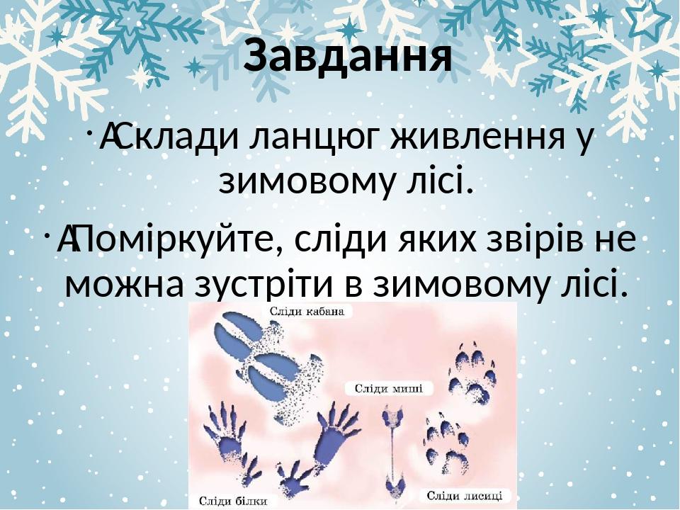  Склади ланцюг живлення у зимовому лісі.  Поміркуйте, сліди яких звірів не можна зустріти в зимовому лісі. Завдання