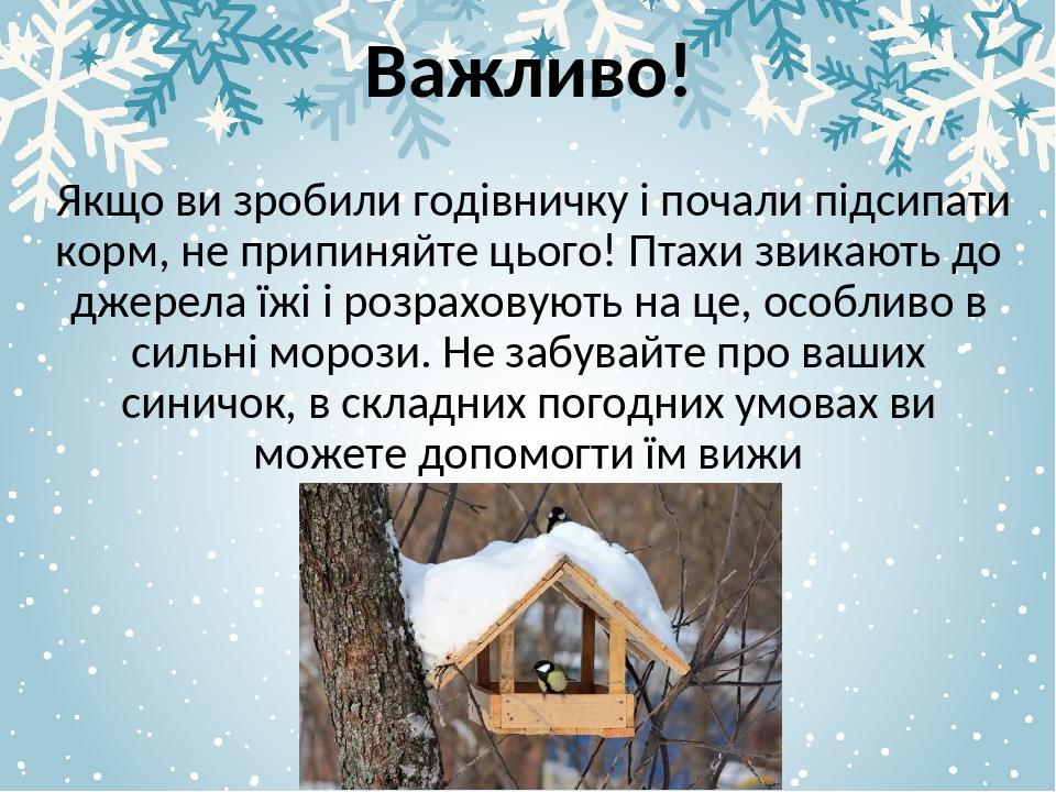 Важливо! Якщо ви зробили годівничку і почали підсипати корм, не припиняйте цього! Птахи звикають до джерела їжі і розраховують на це, особливо в си...