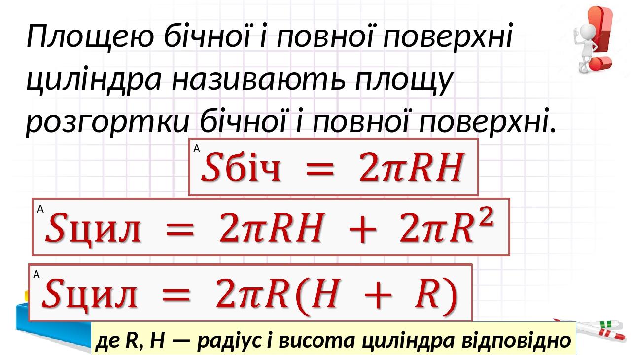 Площею бічної і повної поверхні циліндра називають площу розгортки бічної і повної поверхні. де R, Н — радіус і висота циліндра відповідно