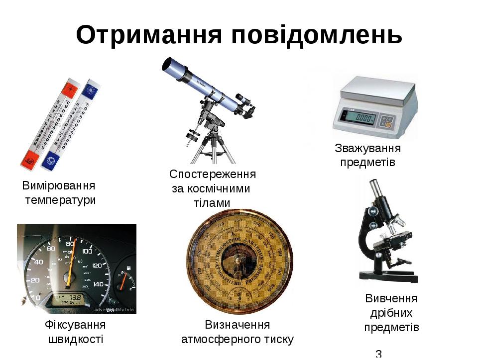 Отримання повідомлень Вимірювання температури Спостереження за космічними тілами Зважування предметів Фіксування швидкості Вивчення дрібних предмет...