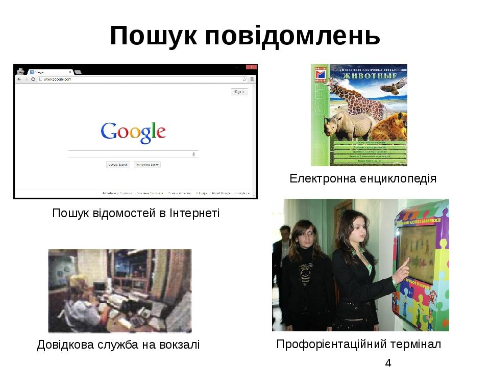 Пошук повідомлень Пошук відомостей в Інтернеті Довідкова служба на вокзалі Електронна енциклопедія Профорієнтаційний термінал