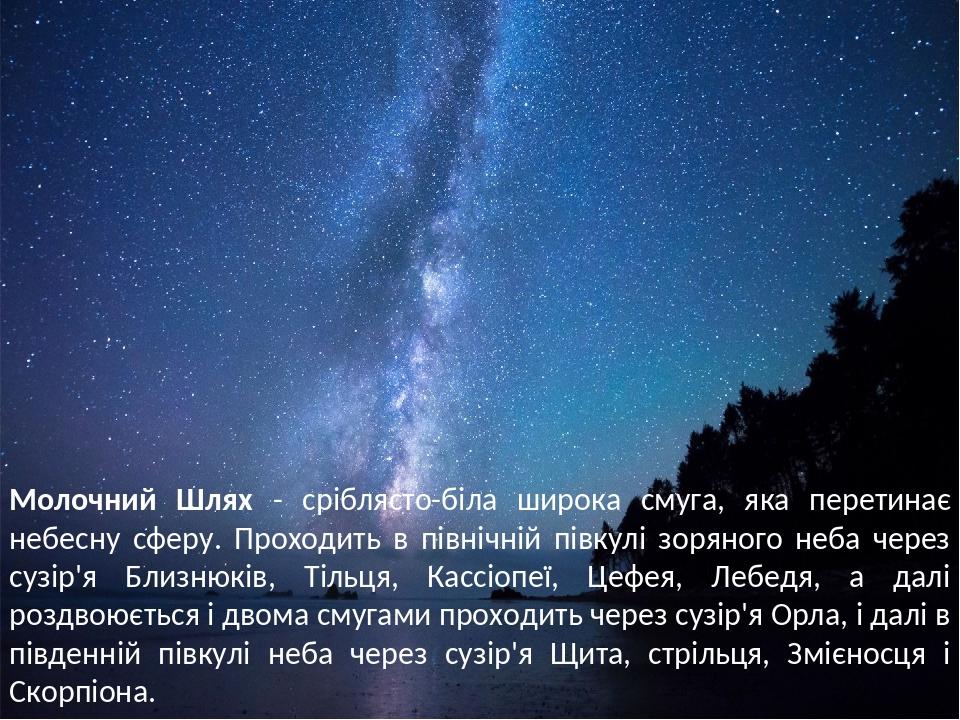 Молочний Шлях - сріблясто-біла широка смуга, яка перетинає небесну сферу. Проходить в північній півкулі зоряного неба через сузір'я Близнюків, Тіль...