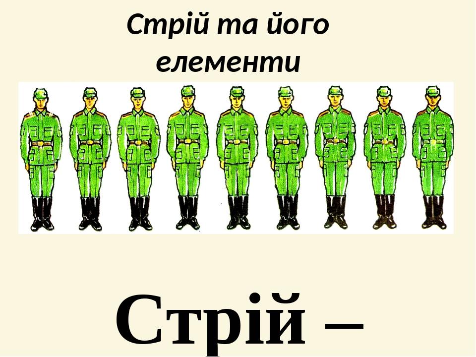 Стрій та його елементи Стрій – визначене Стройовим статутом розташування військовослужбовців, підрозділів і частин для їх спільних дій у пішому пор...