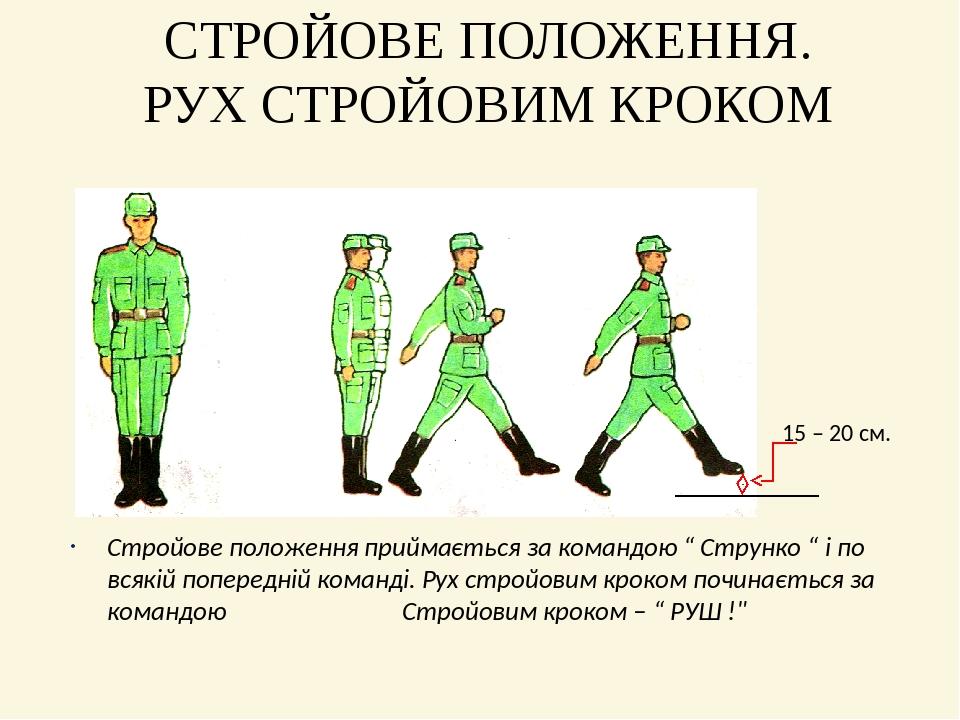 СТРОЙОВЕ ПОЛОЖЕННЯ. РУХ СТРОЙОВИМ КРОКОМ Стройове положення приймається за командою “ Струнко “ і по всякій попередній команді. Рух стройовим кроко...