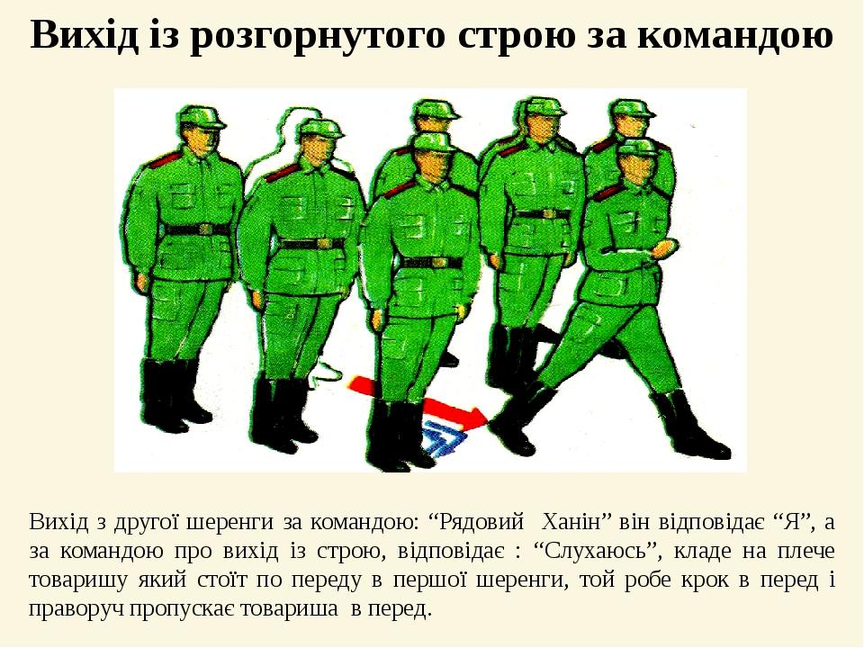 Вихід із розгорнутого строю за командою Вихід з другої шеренги за командою: “Рядовий Ханін” він відповідає “Я”, а за командою про вихід із строю, в...