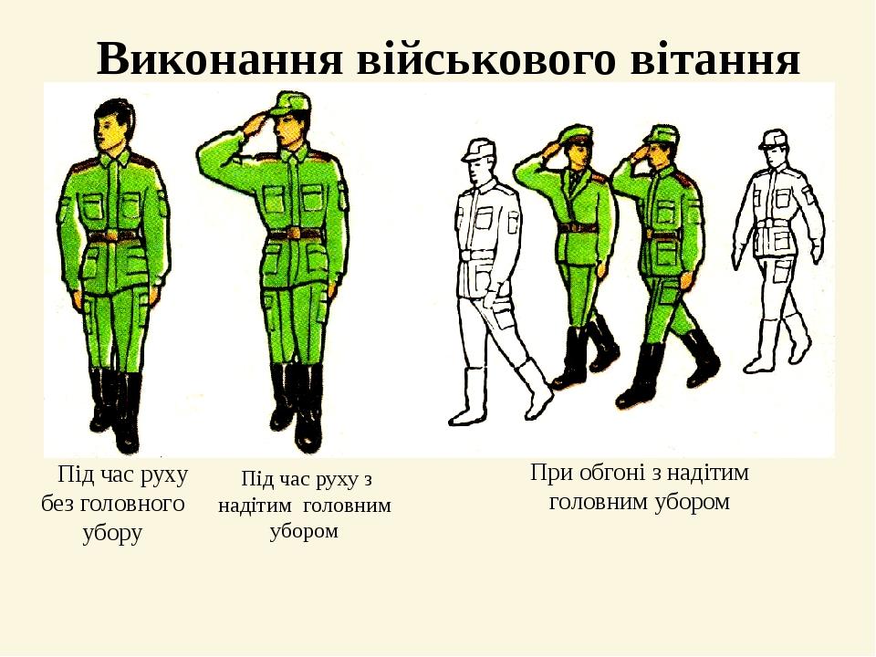 Виконання військового вітання Під час руху без головного убору Під час руху з надітим головним убором При обгоні з надітим головним убором