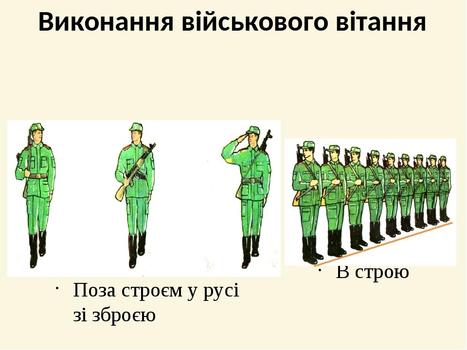 Поза строєм у русі зі зброєю В строю Виконання військового вітання