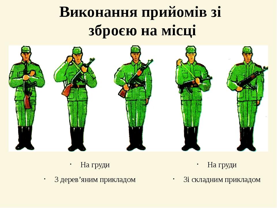 На груди З дерев’яним прикладом На груди Зі складним прикладом Виконання прийомів зі зброєю на місці