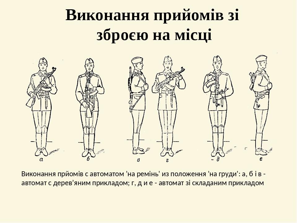 Виконання прийомів зі зброєю на місці Виконання прйомів с автоматом 'на ремінь' из положення 'на груди': а, б і в - автомат с дерев’яним прикладом;...