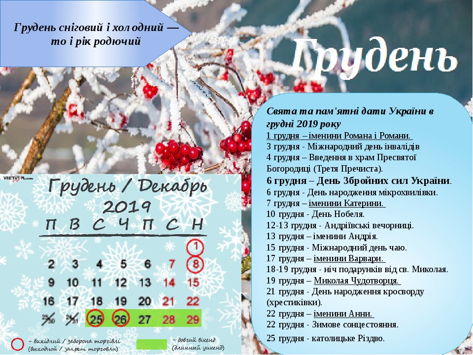 Грудень сніговий і холодний — то і рік родючий Свята та пам'ятні дати України в грудні 2019 року 1 грудня – іменини Романа і Романи.  3 грудня - Мі...