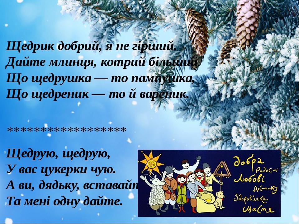 Щедрик добрий, я не гірший. Дайте млинця, котрий більший Що щедрушка — то пампушка, Що щедреник — то й вареник. ****************** Щедрую, щедрую, ...