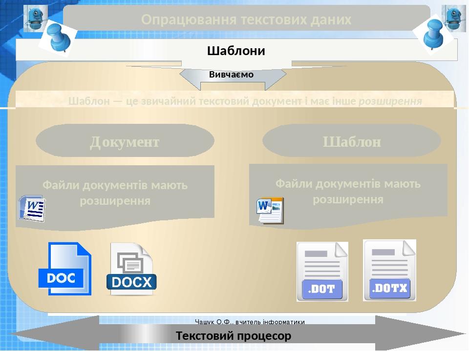 Чашук О.Ф., вчитель інформатики ЗОШ№23, Луцьк Чашук О.Ф., вчитель інформатики ЗОШ№23, Луцьк Опрацювання текстових даних Текстовий процесор Вивчаємо...
