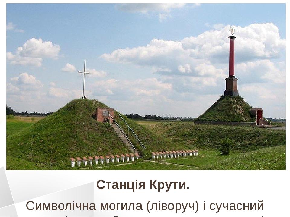 Станція Крути. Символічна могила (ліворуч) і сучасний меморіал загиблим студентам у вигляді колони Червоного корпусу Київського університету.