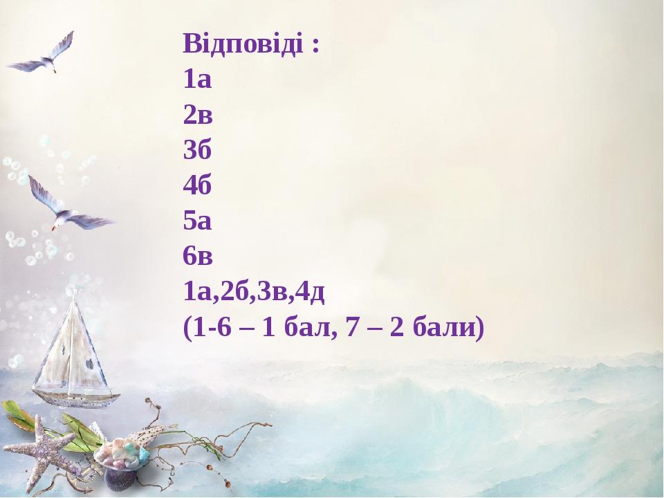 Відповіді : 1a 2в 3б 4б 5a 6в 1a,2б,3в,4д (1-6 – 1 бал, 7 – 2 бали)