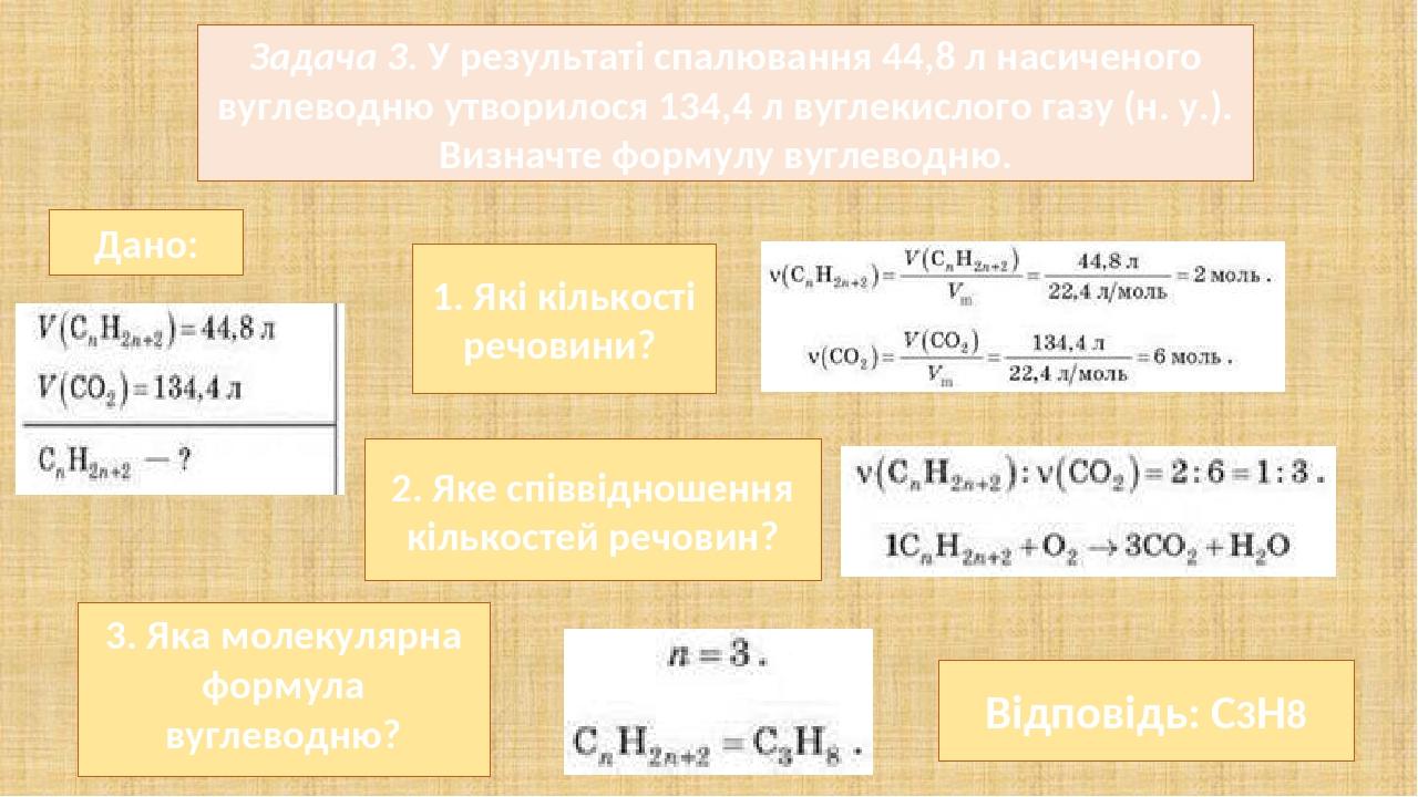 Задача 3. У результаті спалювання 44,8 л насиченого вуглеводню утворилося 134,4 л вуглекислого газу (н. у.). Визначте формулу вуглеводню. Дано: 2. ...
