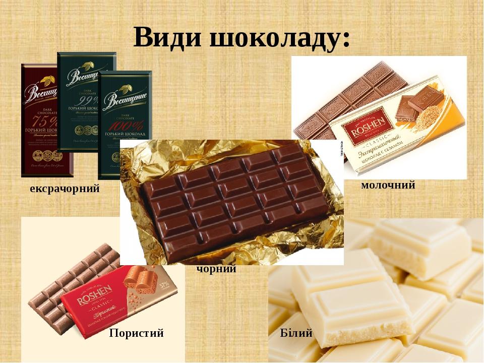 Види шоколаду: ексрачорний чорний молочний Пористий Білий