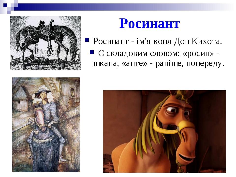 Росинант Росинант - ім'я коня Дон Кихота. Є складовим словом: «росин» - шкапа, «анте» - раніше, попереду.