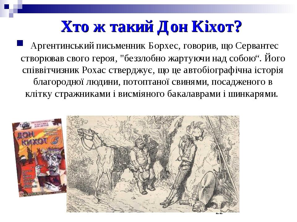 Хто ж такий Дон Кіхот? Аргентинський письменник Борхес, говорив, що Сервантес створював свого героя, "беззлобно жартуючи над собою“. Його співвітчи...