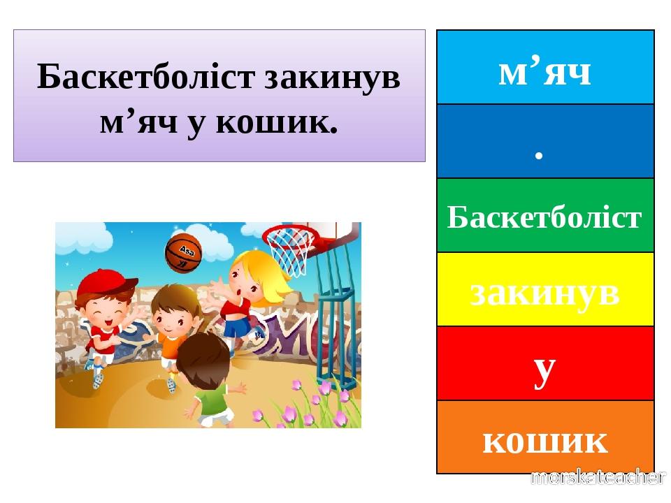 м’яч . Баскетболіст закинув у кошик Баскетболіст закинув м’яч у кошик.