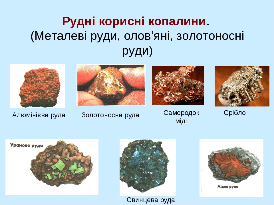 Рудні корисні копалини. (Металеві руди, олов’яні, золотоносні руди) Свинцева руда Срібло Алюмінієва руда Золотоносна руда Самородок міді