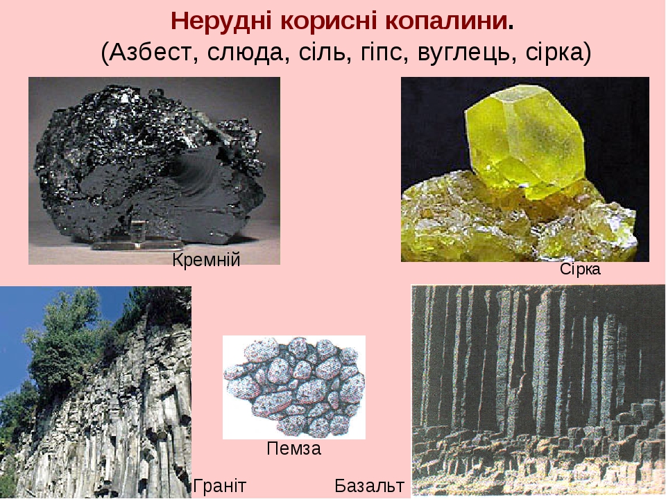 Нерудні корисні копалини. (Азбест, слюда, сіль, гіпс, вуглець, сірка) Сірка Граніт Кремній Пемза Базальт