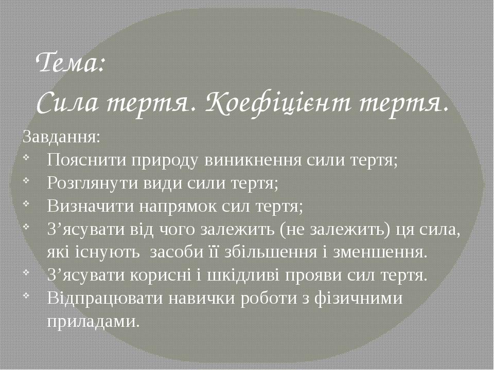Тема: Сила тертя. Коефіцієнт тертя. Завдання: Пояснити природу виникнення сили тертя; Розглянути види сили тертя; Визначити напрямок сил тертя; З’я...