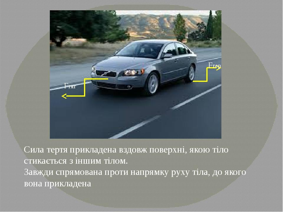 Fтяг Fтер Сила тертя прикладена вздовж поверхні, якою тіло стикається з іншим тілом. Завжди спрямована проти напрямку руху тіла, до якого вона прик...