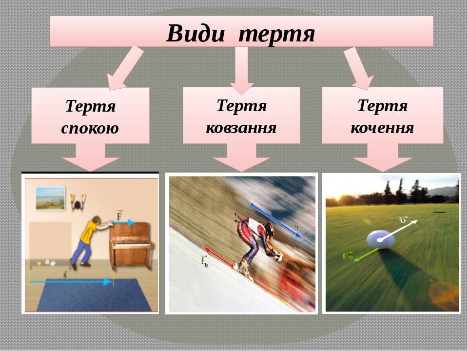 Види тертя Тертя спокою Тертя ковзання Тертя кочення