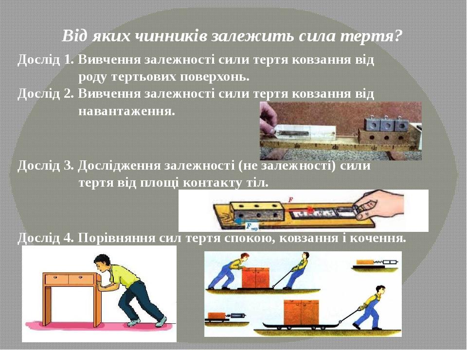 Від яких чинників залежить сила тертя? Дослід 1. Вивчення залежності сили тертя ковзання від роду тертьових поверхонь. Дослід 2. Вивчення залежност...