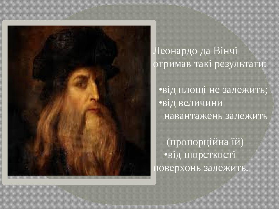 Леонардо да Вінчі отримав такі результати: •від площі не залежить; •від величини навантажень залежить (пропорційна їй) •від шорсткості поверхонь за...