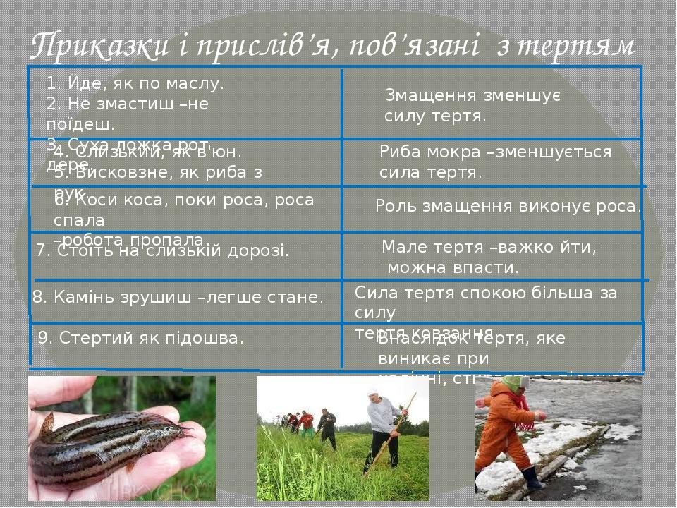 Приказки і прислів’я, пов’язані з тертям 1. Йде, як по маслу. 2. Не змастиш –не поїдеш. 3. Суха ложка рот дере. 4. Слизький, як в'юн. 5. Висковзне,...