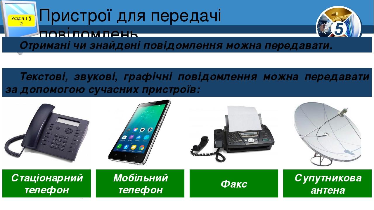 Пристрої для передачі повідомлень Розділ 1 § 2 Отримані чи знайдені повідомлення можна передавати. Текстові, звукові, графічні повідомлення можна п...