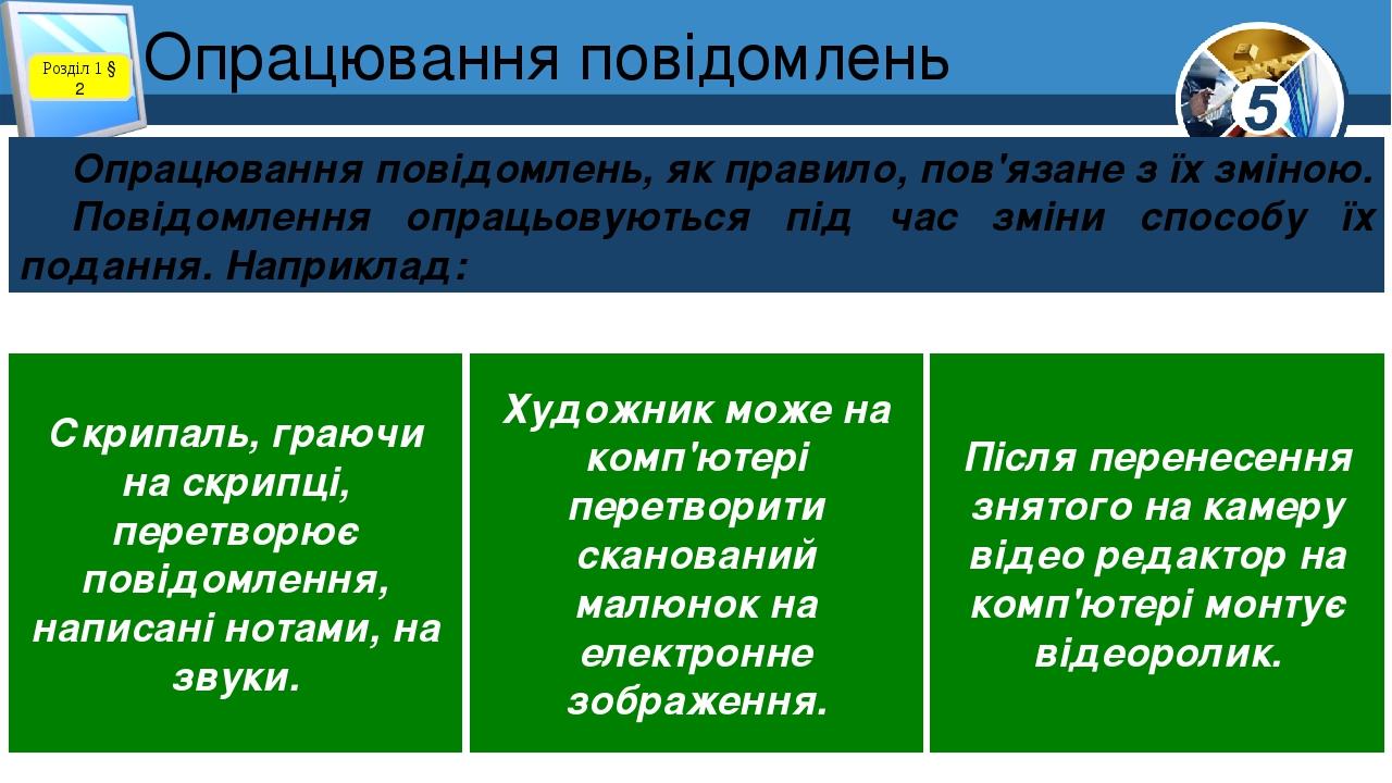 Опрацювання повідомлень Розділ 1 § 2 Опрацювання повідомлень, як правило, пов'язане з їх зміною. Повідомлення опрацьовуються під час зміни способу ...