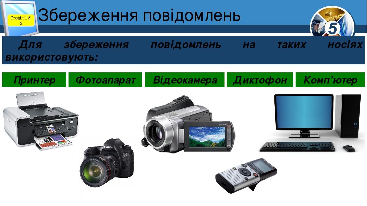 Збереження повідомлень Розділ 1 § 2 Для збереження повідомлень на таких носіях використовують: Принтер Фотоапарат Відеокамера Диктофон Комп’ютер