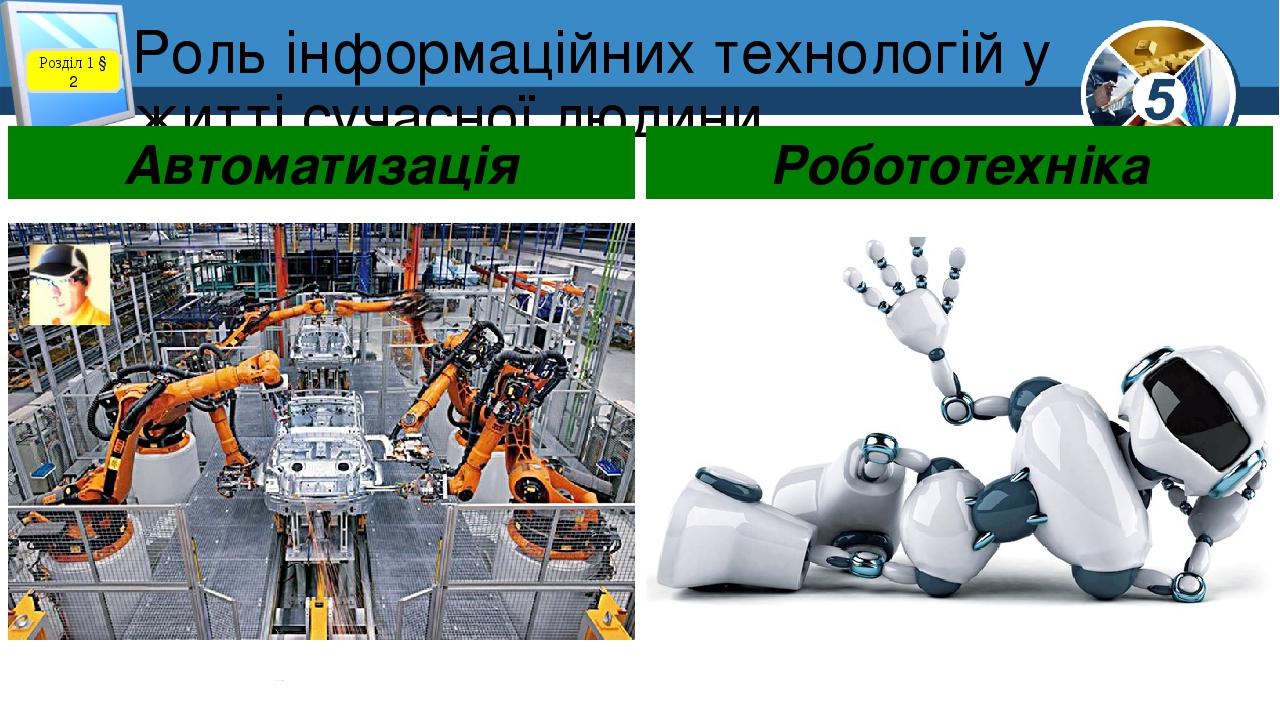 Роль інформаційних технологій у житті сучасної людини Розділ 1 § 2 Автоматизація Робототехніка