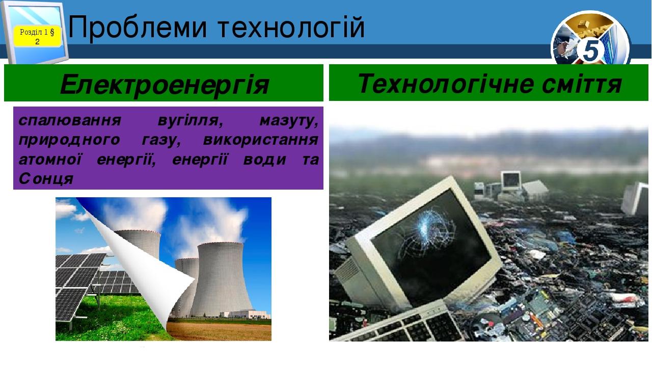 Проблеми технологій Розділ 1 § 2 Електроенергія Технологічне сміття спалювання вугілля, мазуту, природного газу, використання атомної енергії, енер...